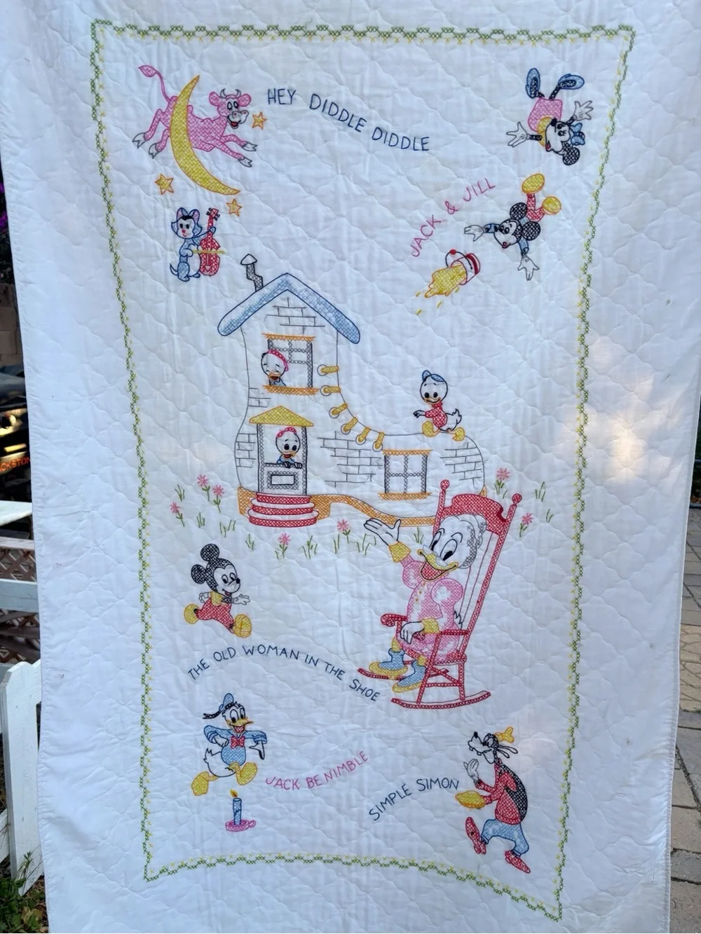 Vintage Disney Cross Stitch Embroidered Crib Quilt Nursery Rhyme Story 60 X 39